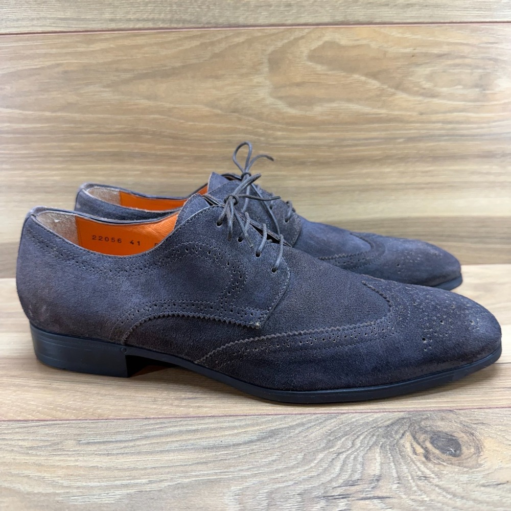 SANTONI Easy Brogue Oxford Mens 8 D Brown Suede Wingtip Dress Shoes